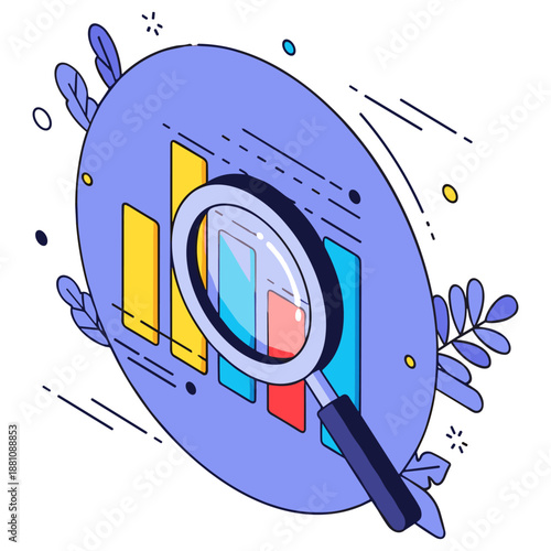 Magnifying glass examining bar chart with decorative elements