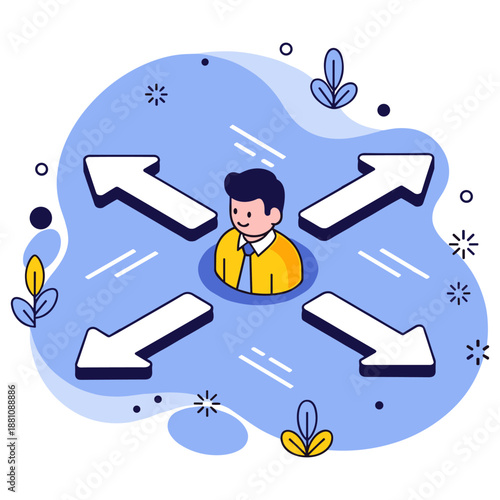 Male character choosing path: illustration of decision-making arrows in blue background
