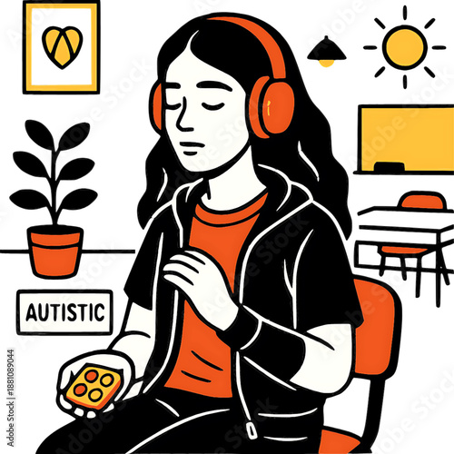 Autistic Person's Calm: An illustrated individual, sporting headphones and holding a device with closed eyes, navigates their world of autism with focus and tranquility.