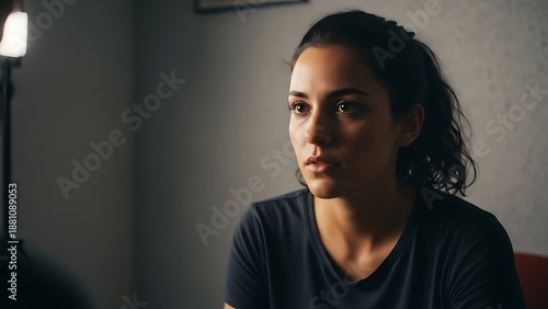 Woman with concerned expression looking away in dimly lit room