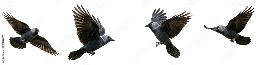 Obraz premium Western Jackdaw Flying Set Transparent PNG Isolated On White Background Intelligent Corvid Wings Spread Perched Garden Wildlife Nature Elements