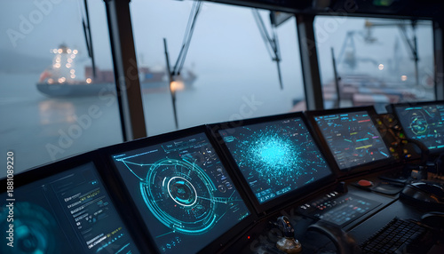 PC screen functioning as smart radar with many dots and texts on a cargo ship