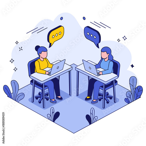Illustration of two women working at desks with laptops in an office setting