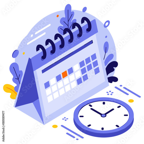 Calendar and clock illustration with spiral binding and abstract elements