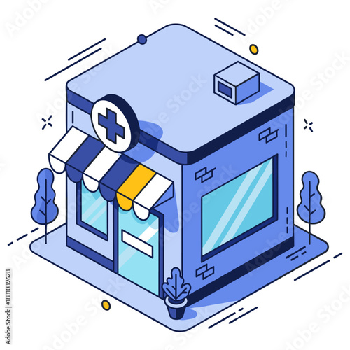 Isometric blue pharmacy building with striped awnings and cross symbol