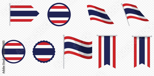 Set of Thailand flags in various shapes and forms, including waving, circular, and pennant designs.