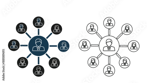 Centralized and decentralized network structures with connected people icons