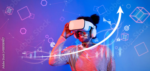 Canvas Print Explore the intersection of virtual reality and business analysis with this engaging image showcasing growth strategies, financial charts, and innovative management concepts