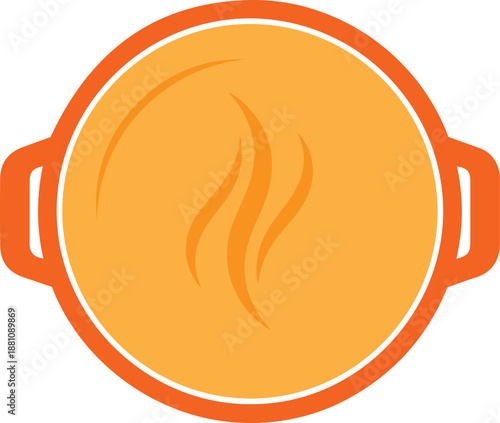 Orange cooking pot with steam rising from food inside on white background saucepan kitchenware cookware