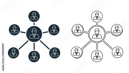 Centralized and decentralized network structures with connected people icons