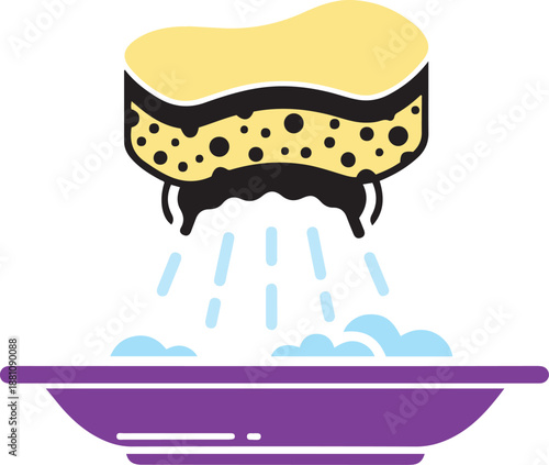 Yellow sponge squeezing water into purple bowl with blue bubbles and water drops