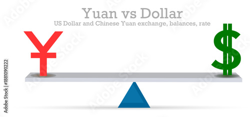 Yuan, Dollar, seesaw design. US Dollar versus Chinese Yen, loop. China renminbi. Exchange USD CNY icon, symbols unbalance lever. Up dawn, rate pair currency decline. Money weights. Illustration vector