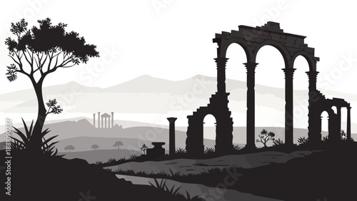 Ancient ruins landscape with arches and tree in black silhouette