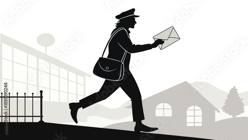 Silhouette of mailman delivering letter in residential area