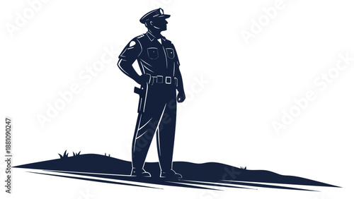 Confident police officer standing guard in uniform with hand on hip