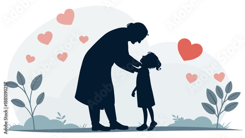 Tender moment between a loving parent and little girl surrounded by hearts