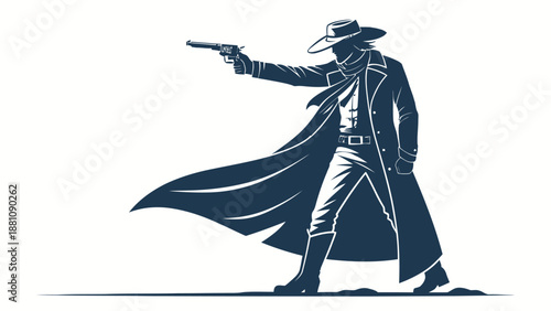 Cowboy aiming gun with flowing coat and hat on white background