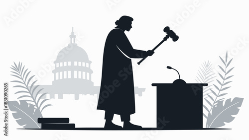 Judge banging gavel at podium in front of government building