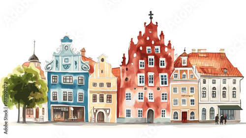 House of the Blackheads. House of the Blackheads watercolor vector illustration
