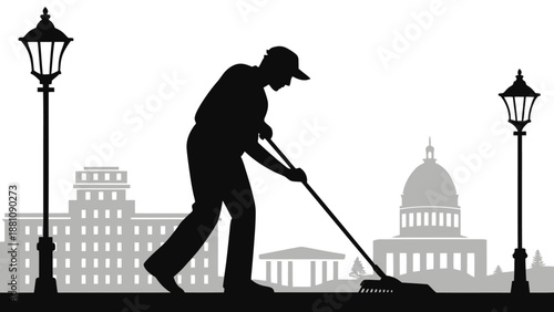 Man sweeping street with city buildings and lampposts in background
