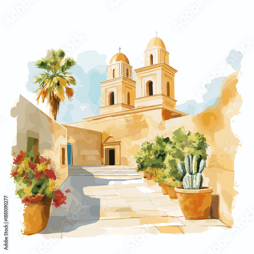Santa Catalina Monastery. Santa Catalina Monastery hand drawn watercolor illustration