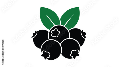 a cluster of black fruit with green leaves on top