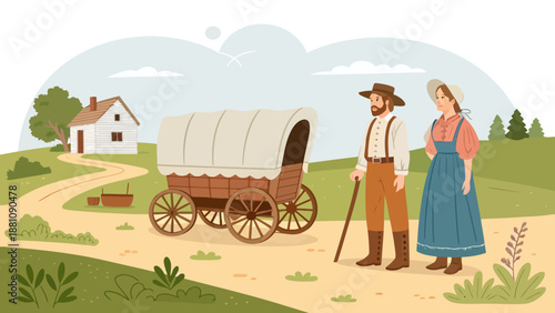 Pioneer couple with covered wagon on rural dirt road