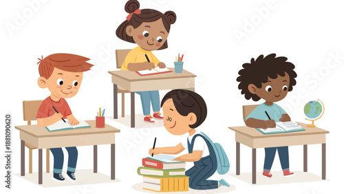 Diverse group of happy schoolchildren learning together in classroom