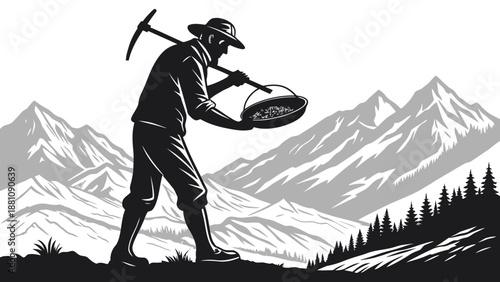 Prospector searching for gold in mountainous terrain with pickaxe