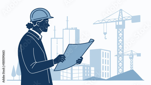 Confident engineer reviewing construction plans in modern cityscape
