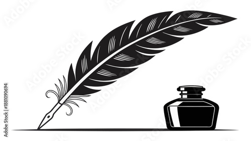 Vintage feather pen and inkwell on white background