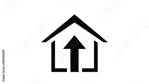 a black and white icon of a house with an arrow pointing up