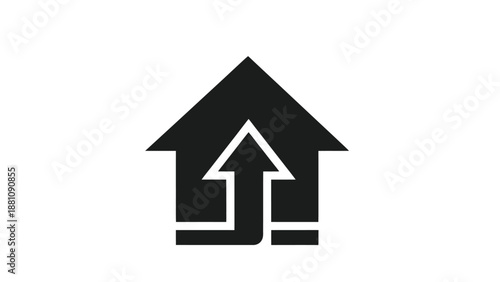 a black and white icon of a house with an arrow pointing up