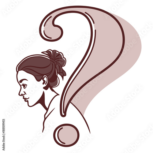 Vector illustration of woman with question mark thinking face expression