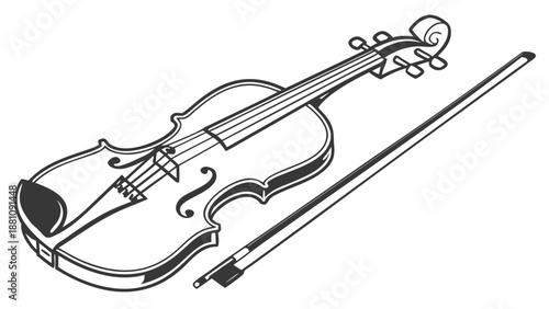 A black and white line drawing of a violin and bow