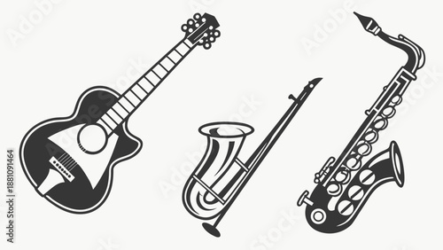 Black and white illustration of guitar, trumpet and saxophone musical instruments