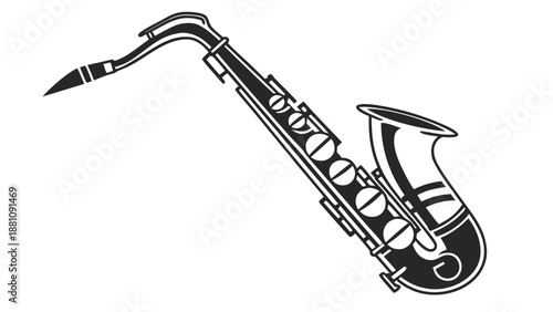 A black and white illustration of a saxophone with musical instrument design