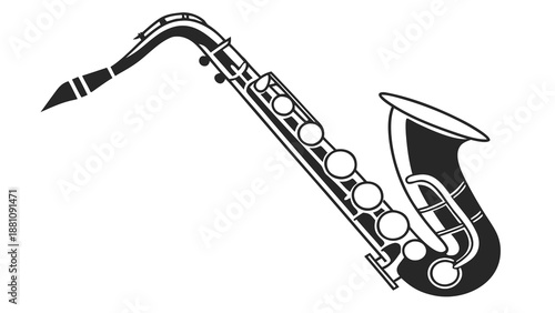 A black and white illustration of a saxophone with musical instrument