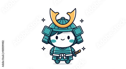Cartoon samurai warrior illustration green armor isolated white background
