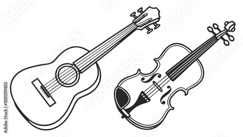 A line drawing of a guitar and violin side by side