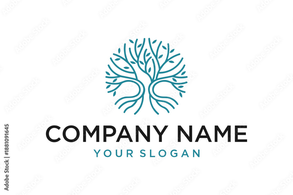Fototapeta premium Modern Minimalist Circular Tree Logo Design with Flowing Branches and Leaves on a Clean White Background
