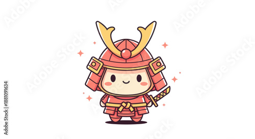 Cartoon samurai warrior in armor with sword and ornamental helmet illustration