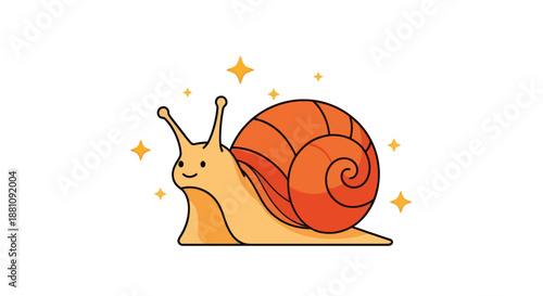 Cartoon snail illustration on white background with sparkles and smiling face