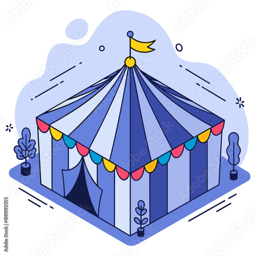 Vibrant blue circus tent with colorful flags and surrounding trees