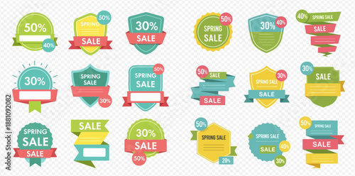 Spring Sale Discount Labels and Banners Set with Percentage Offers.