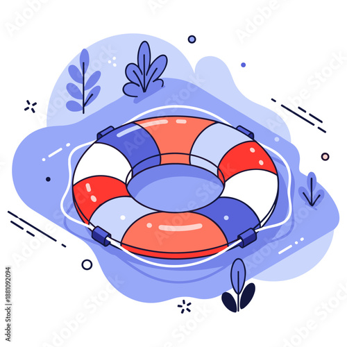 Colorful lifebuoy with blue abstract background and decorative leaves
