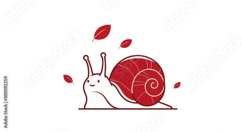 Cartoon snail illustration with red shell and leaves on white background