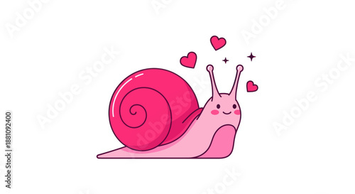 Cartoon snail with pink shell and hearts isolated on white background