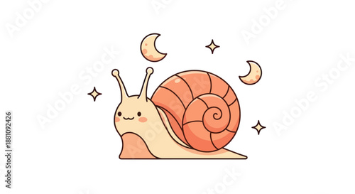 Cartoon snail with stars and moons isolated on white background