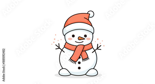 Cartoon snowman in winter attire with red hat and scarf on white background